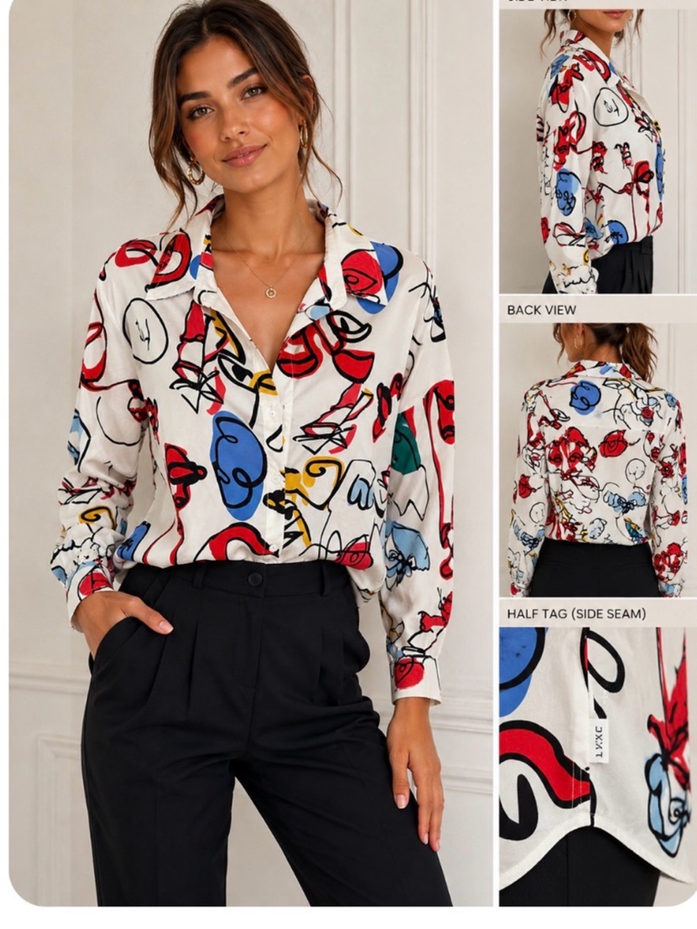 SHEIN  Abstract Button-Down Shirt - Whit, modern art woman’s / M